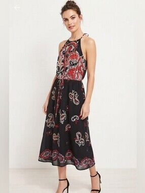 LOFT Black and Red Paisley Halter Midi Dress